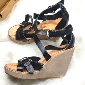 French Connection Wedge Sandals Women  Black Strappy Buckle Platform